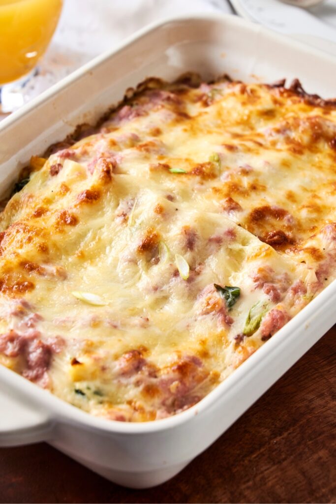 Breakfast Lasagna with Sausage, Eggs, Cheese, and Spinach