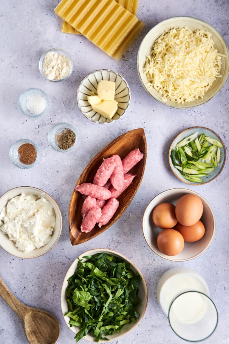Breakfast Lasagna with Sausage, Eggs, Cheese, and Spinach