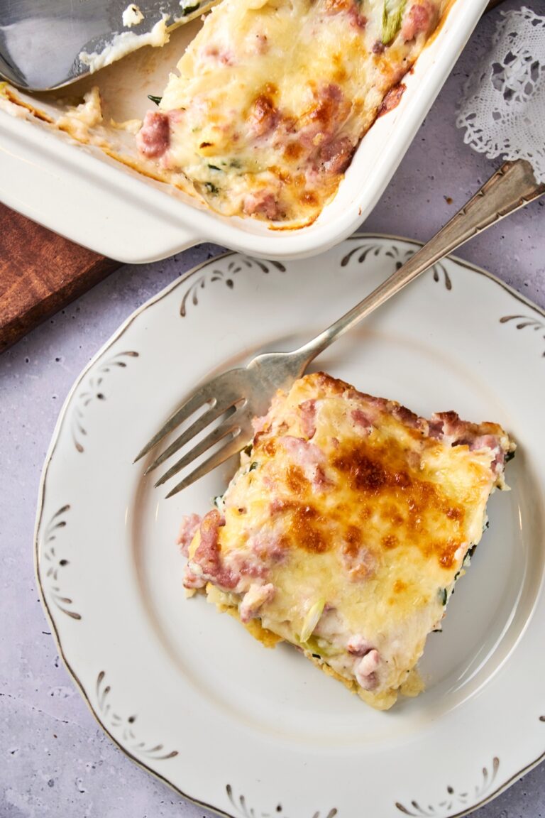 Breakfast Lasagna with Sausage, Eggs, Cheese, and Spinach