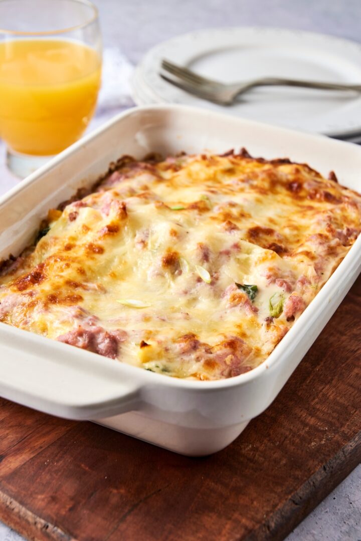Breakfast Lasagna with Sausage, Eggs, Cheese, and Spinach