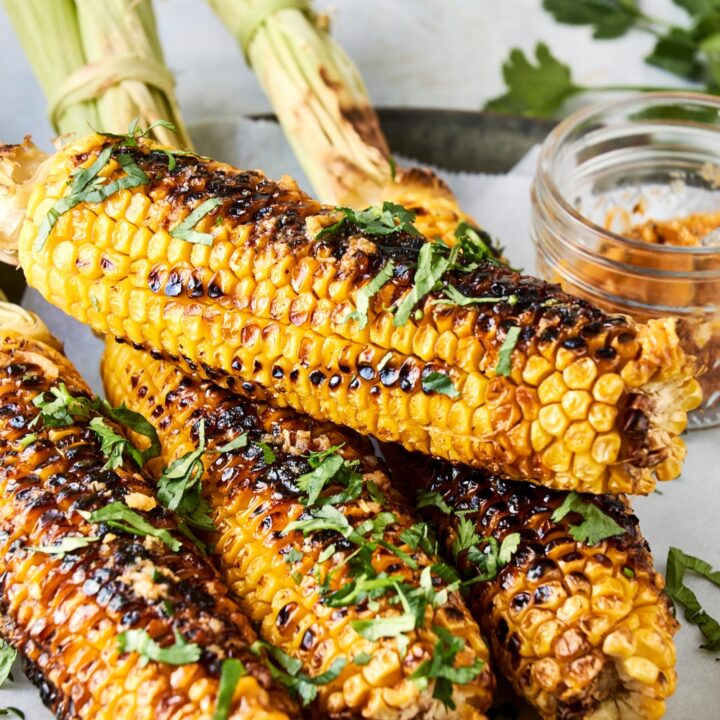 Four ears of corn are on a serving plate. They have been garnished with fresh chopped cilantro.