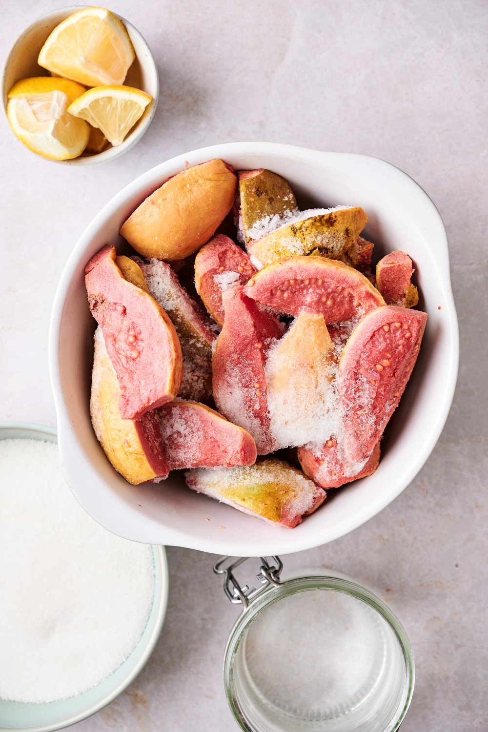 Frozen guava, lemon wedges, sugar, and water are all in separate containers on a counter top.