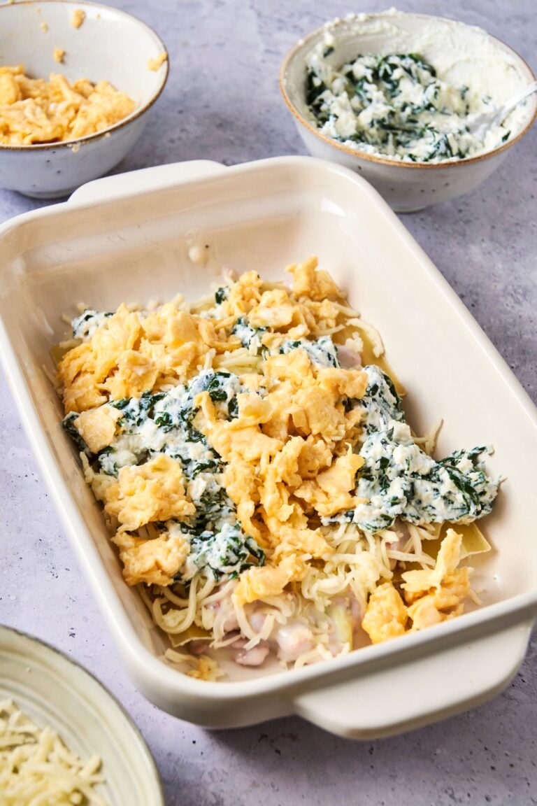 Breakfast Lasagna with Sausage, Eggs, Cheese, and Spinach