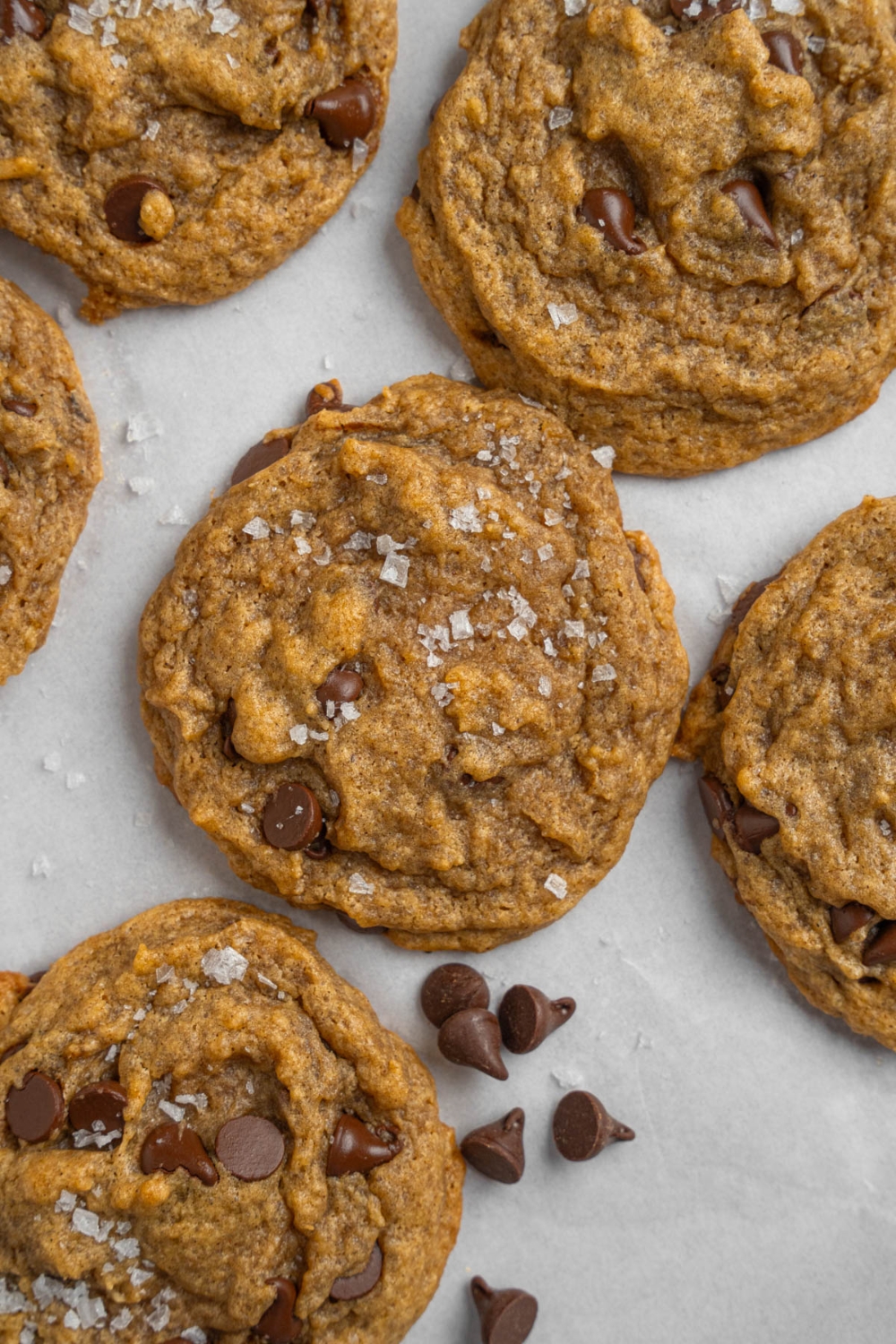 Banana bread cookies sprinkled with flaky sea salt on a baking sheet lined with parchment paper. The baking sheet is garnished with chocolate chips.