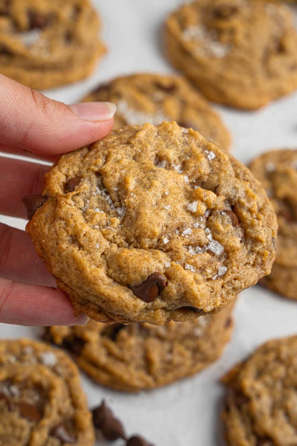 A close up of a hand holding a banana bread cookie sprinkled with flaky sea salt with a tray of cookies blurred in the background.