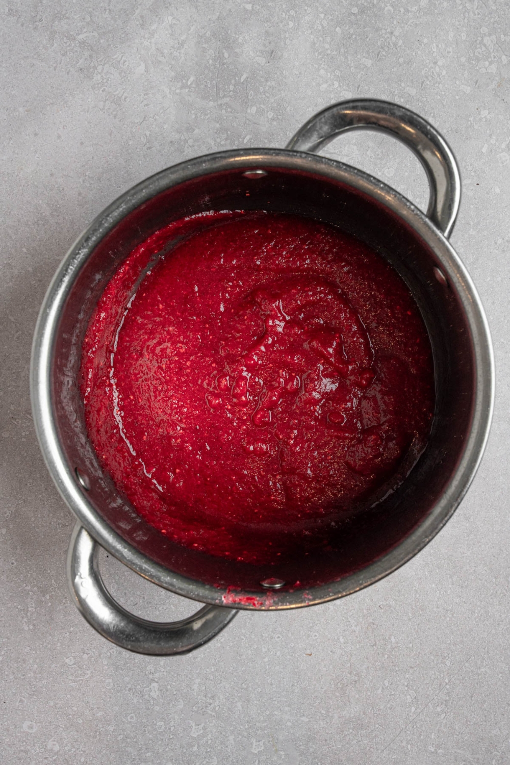A large stock pot with cooked chokecherry pudding. The pot is on a white counter.