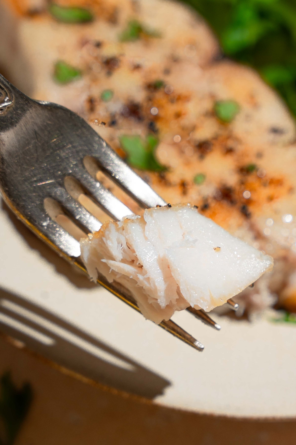 A close up of a fork with a bite of swordfish. There is a plate of swordfish with a side salad blurred in the background.