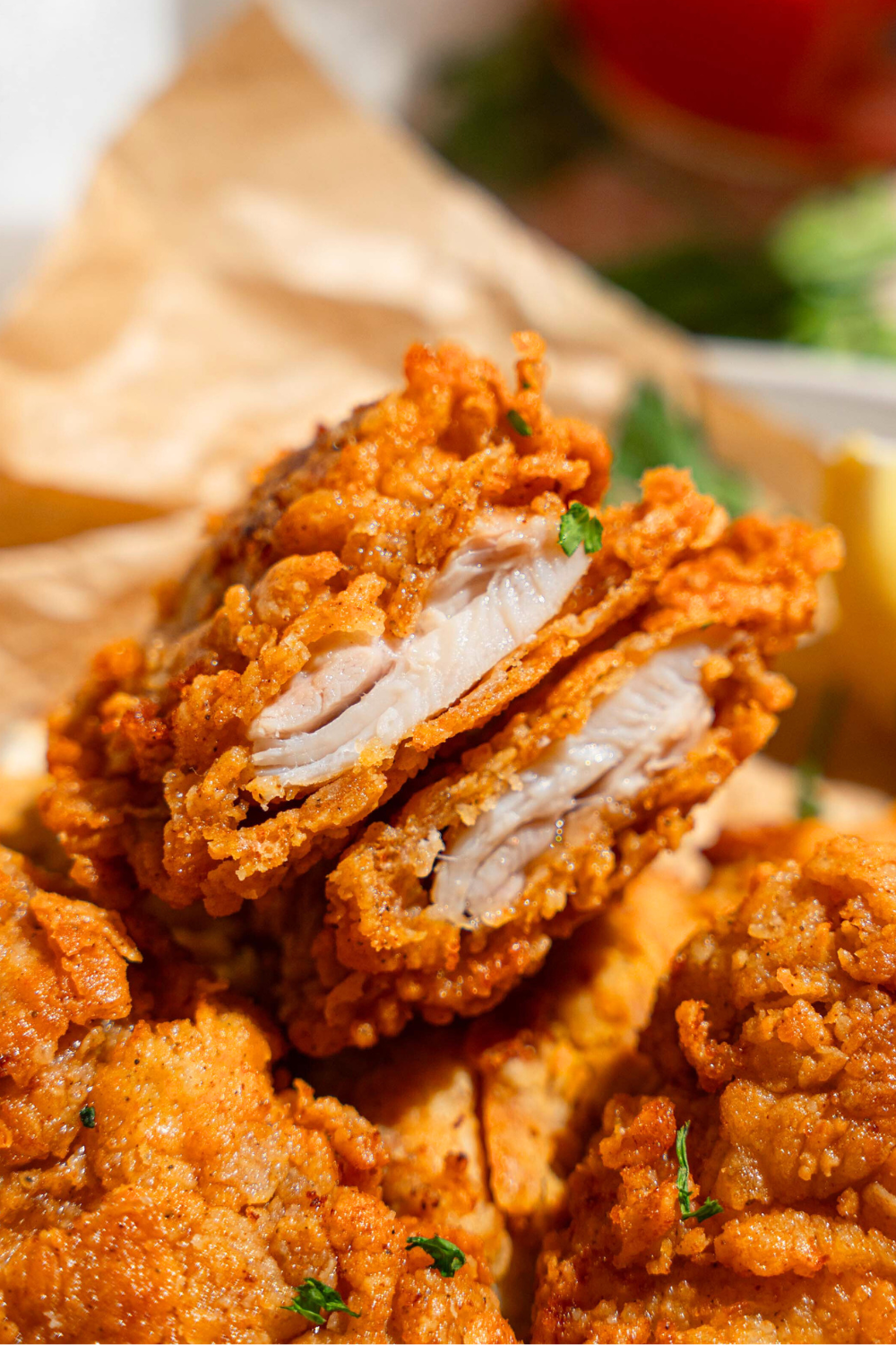 A piece of a fried chicken thigh broken in half with the inside showing.