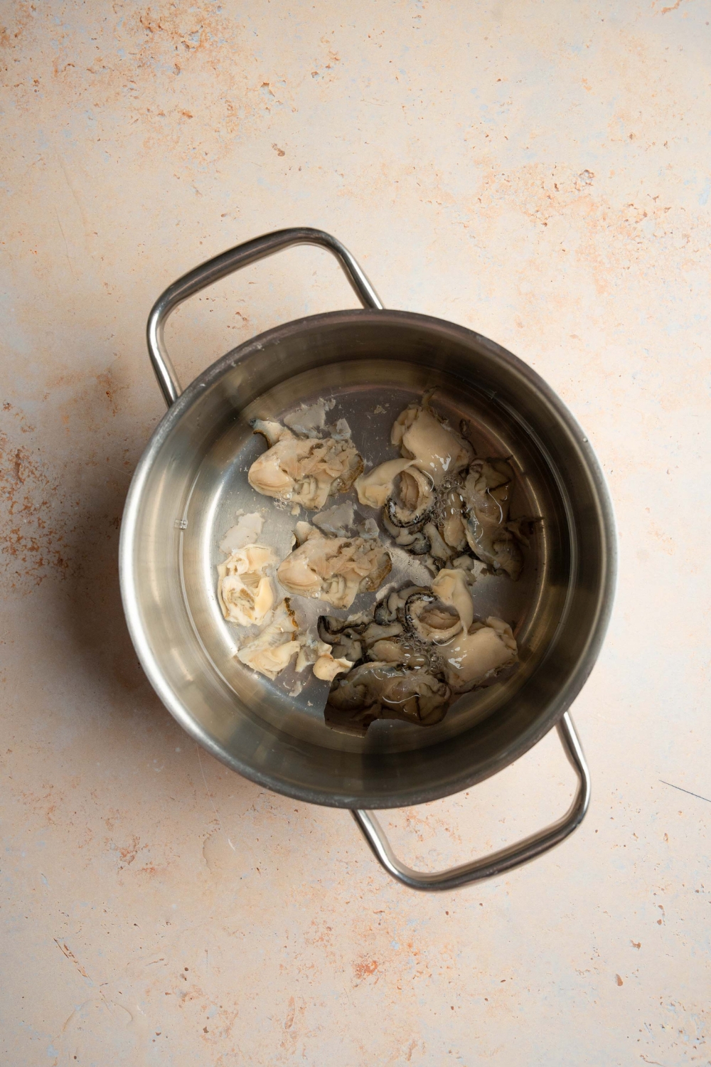 A stock pot with defrosted oysters cooking in water. The pot is on a tan counter.
