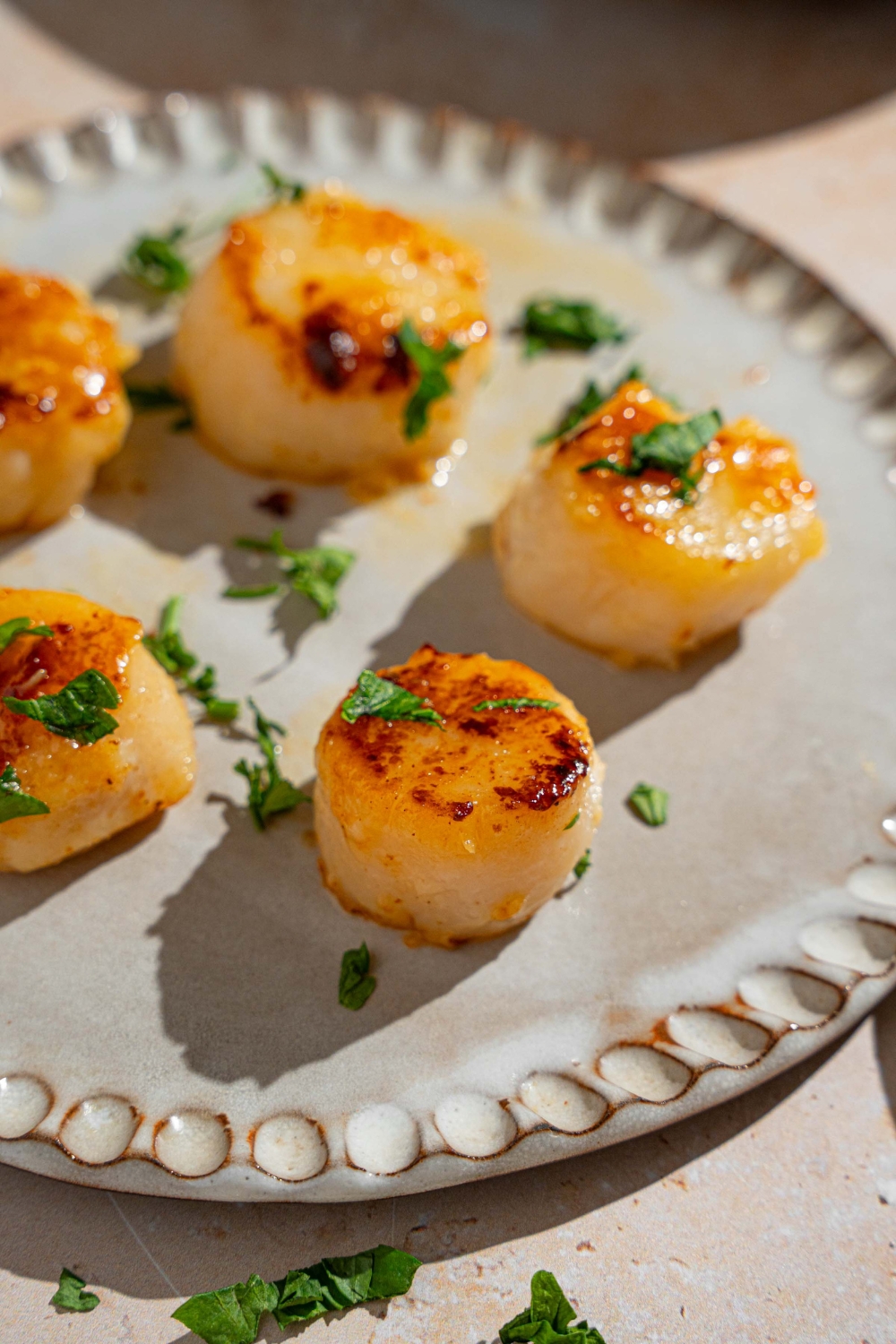 A ceramic plate with several pan seared scallops garnished with fresh parsley. The plate is on a tan counter with a skillet of scallops.