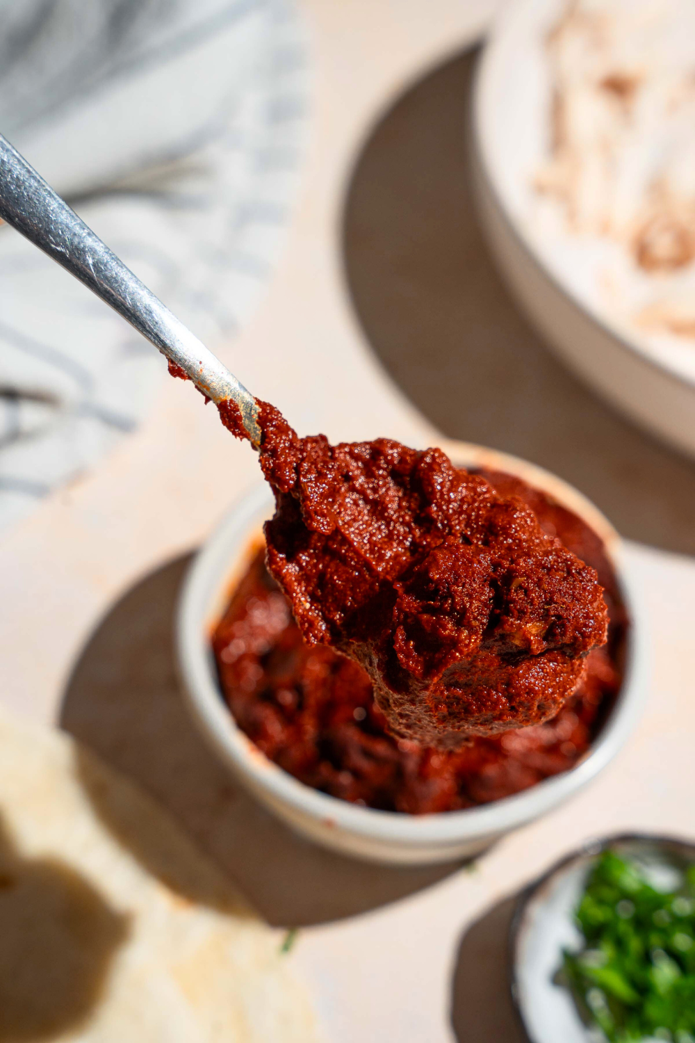 Adobo sauce on a spoon being held above a white bowl of the adobo sauce.