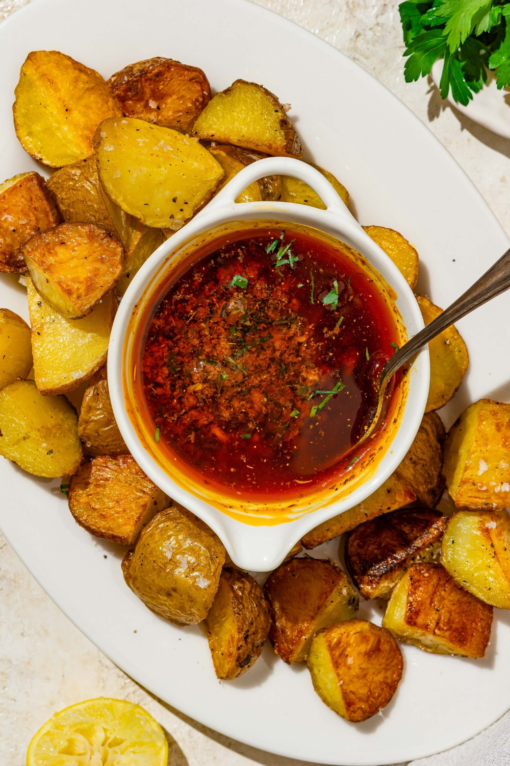 A small bowl of cajun garlic butter sauce garnished with fresh parsley served on a plate with crispy potatoes. There is a spoon in the bowl. The plate is on a tan counter.