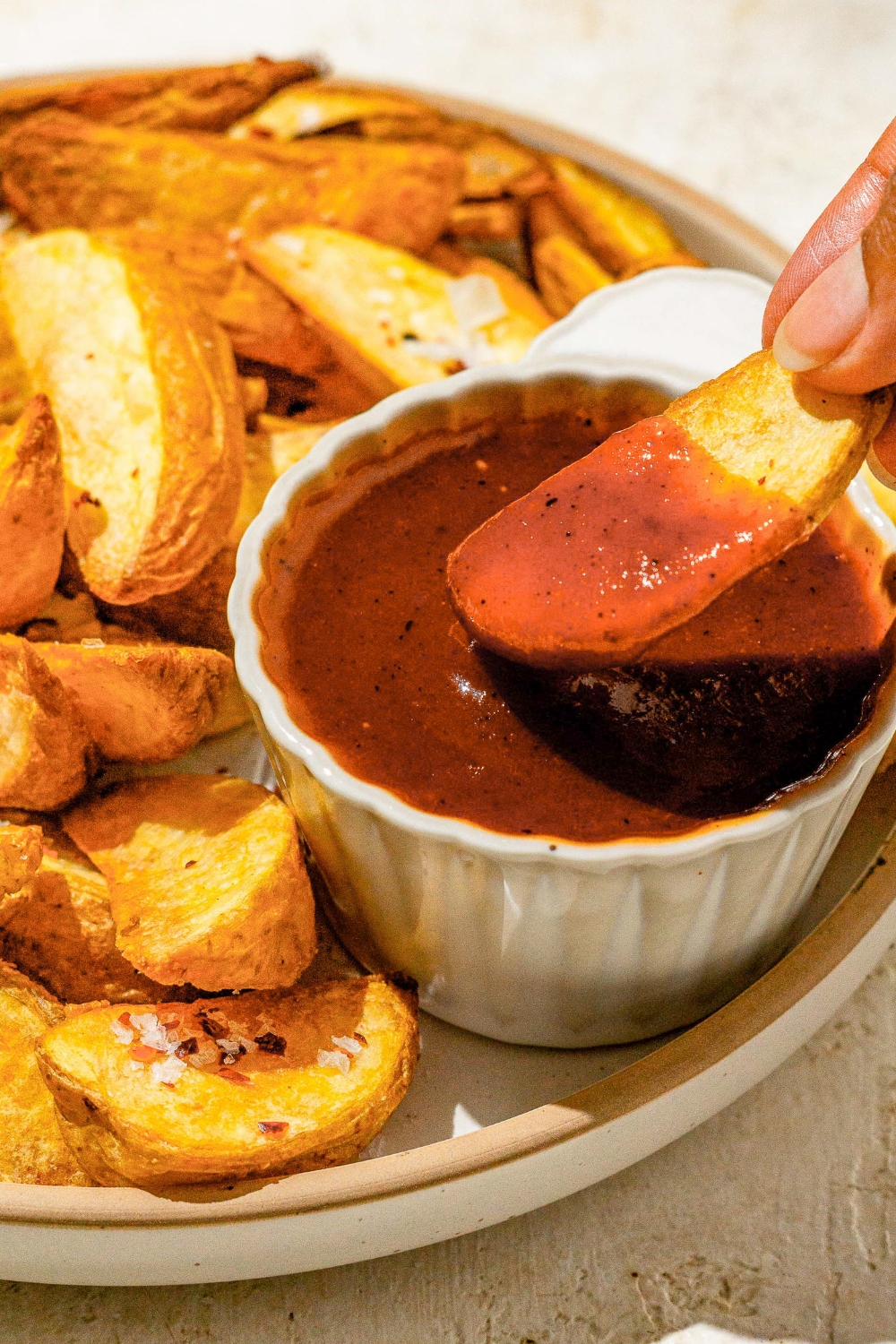 A small ramekin of Carolina BBQ sauce on plate with wedge fries. There is a hand dipping a fry into the BBQ sauce. The plate is on a tan counter.