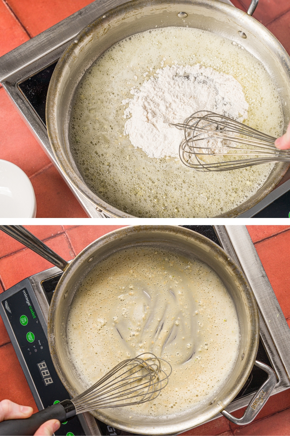 Two images of a skillet preparing alfredo sauce on a burner. The top image should flour being whisked into a roux. The bottom image shows a cooked roux.