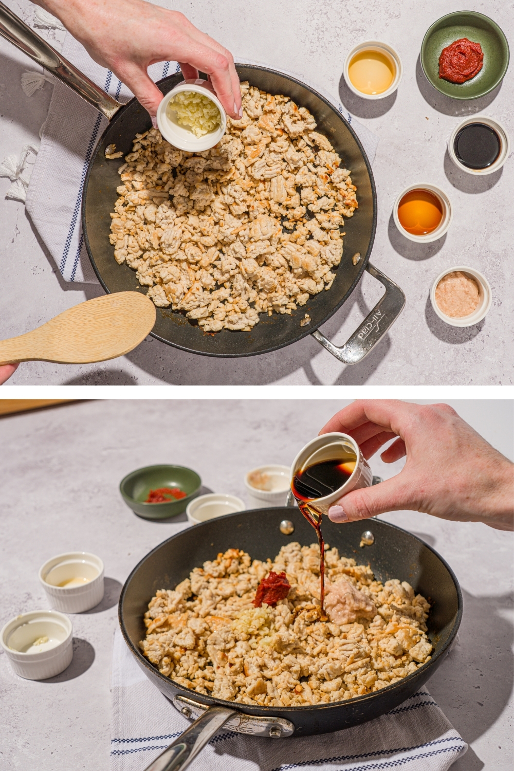 Two images of a skillet cooking ground turkey. One image has a hand adding ginger to the mixture. The other image shows a hand adding soy sauce to the mixture.