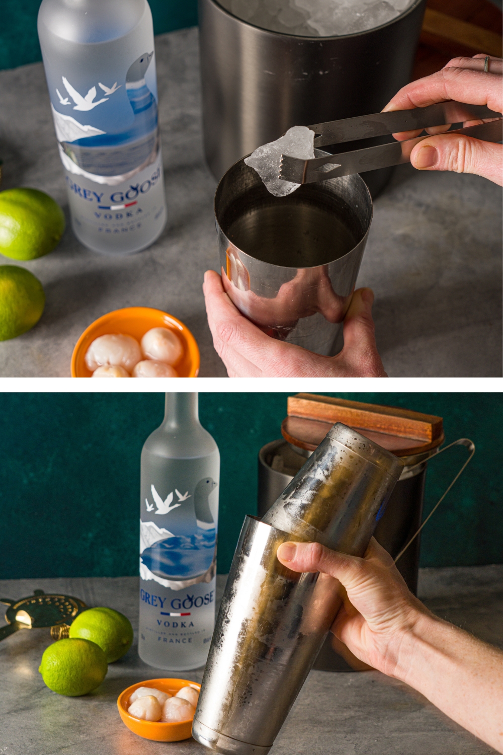Two images of a lychee martini being prepared in a cocktail shaker. The first image shows a hand using tongs to add cubes to the shaker. The second image shows a hand shaking a cocktail shaker. The shaker is on a stone counter with a bottle of Grey Goose, small bowl of lychees, and limes.