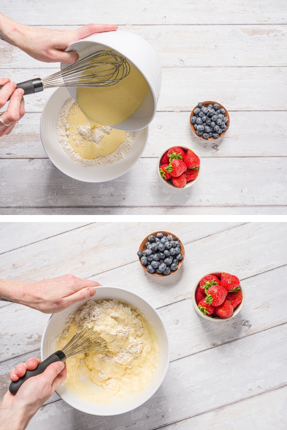 Two photos showing the process of making pancake batter. The top photo shows a hand pouring a bowl of wet ingredients into a bowl of dry ingredients using a whisk. The bottom photo shows hands whisking the mixtures together.