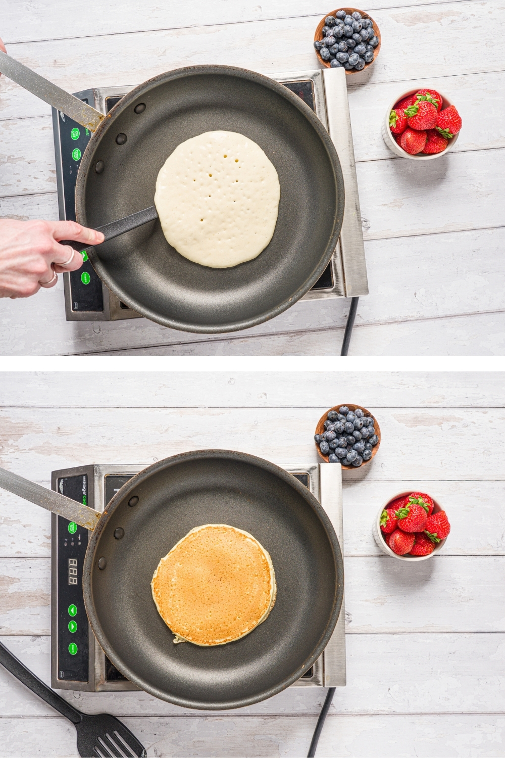 Two photos showing a pancake cooking on a pan over a burner. The top photo shows a spatula ready to flip the pancake, the bottom photo shows the cooked flipped pancake.
