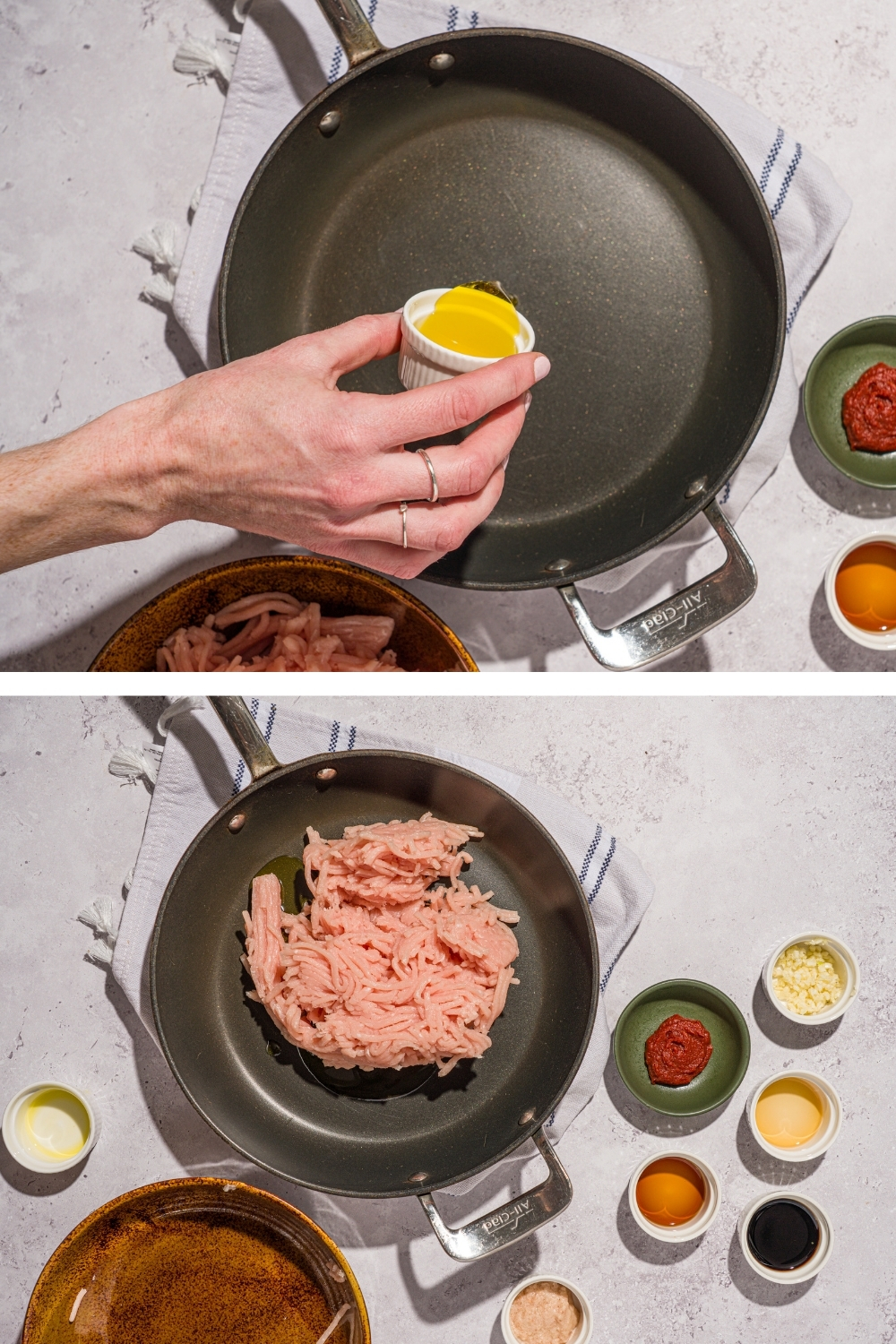 Two images of a skillet on a white counter with a white striped napkin. One image shows a hand adding oil to the skillet. The other image shows uncooked ground turkey on the skillet.