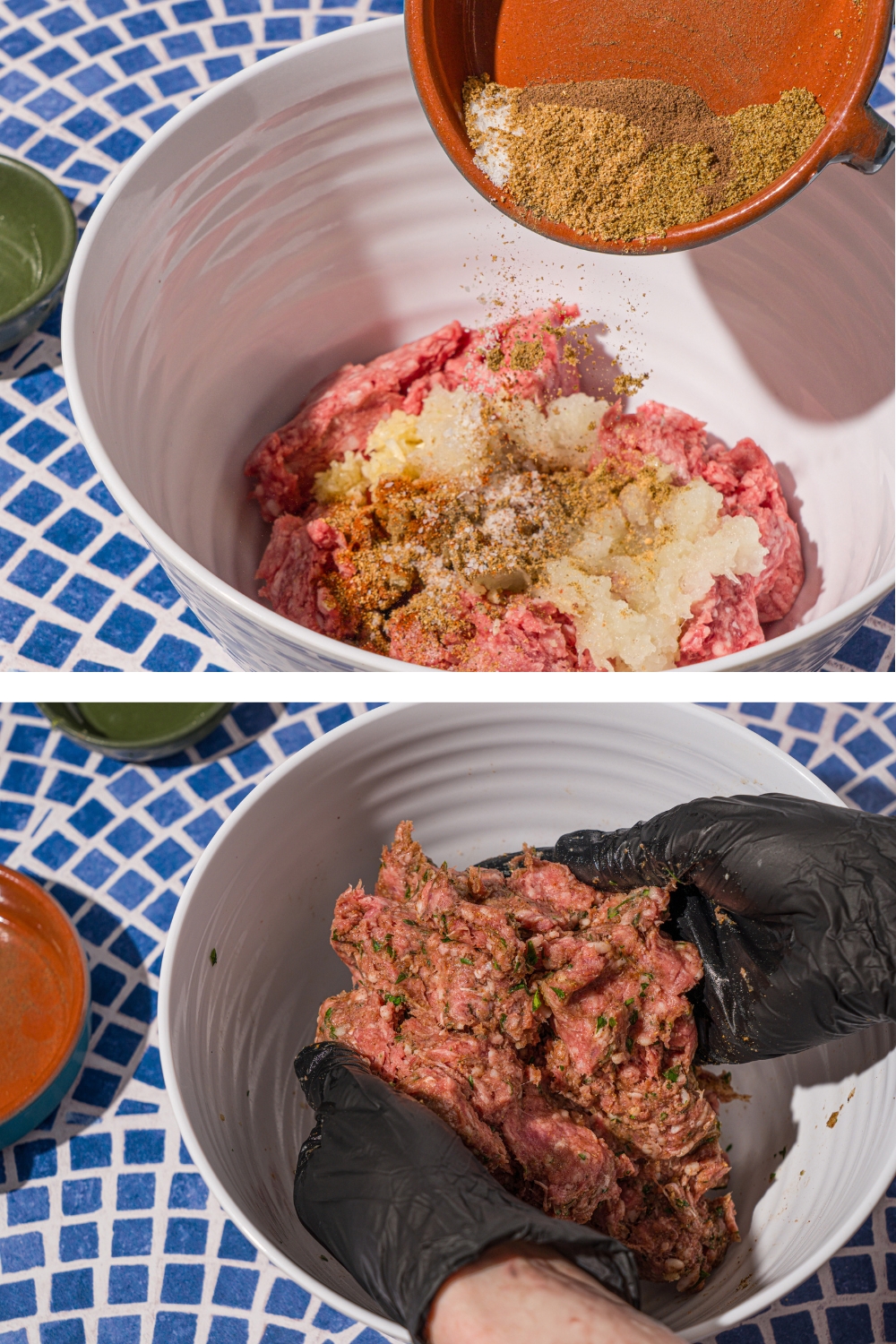 A bowl of ground lamb with an additional bowl of seasonings being added to the meat. There is another photo of two hands combining the meat and seasonings.