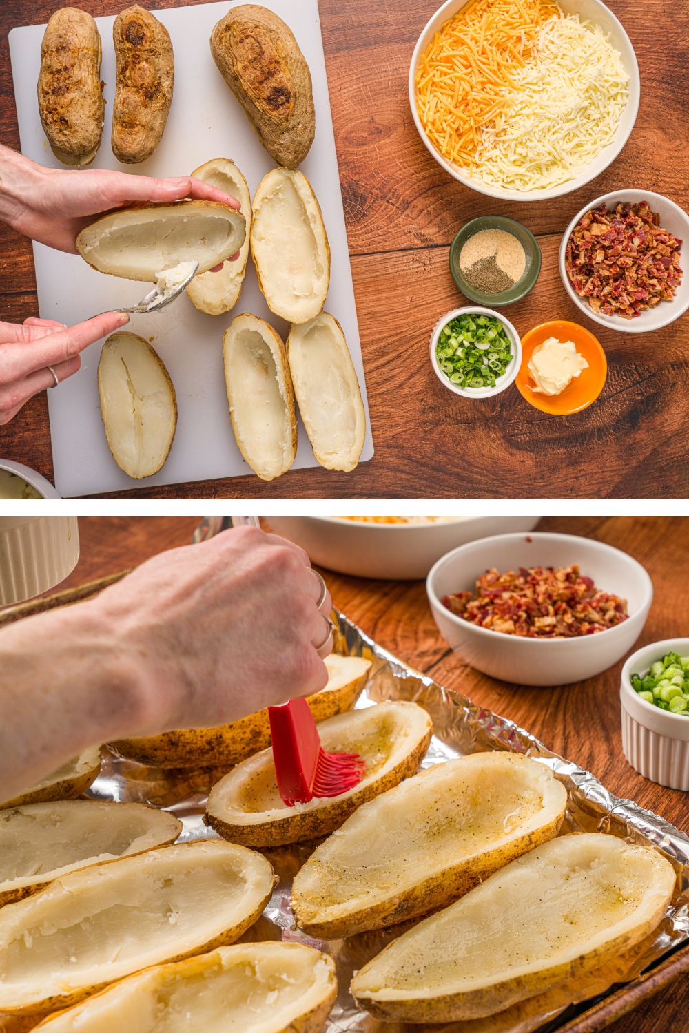 One image of a cutting board with a hand scooping out the insides of potato skins. The board is on a wooden counter with bowls of toppings. An additional image of the prepared skins on a baking sheet lined with foil with a hand brushing butter on the insides of the skins.