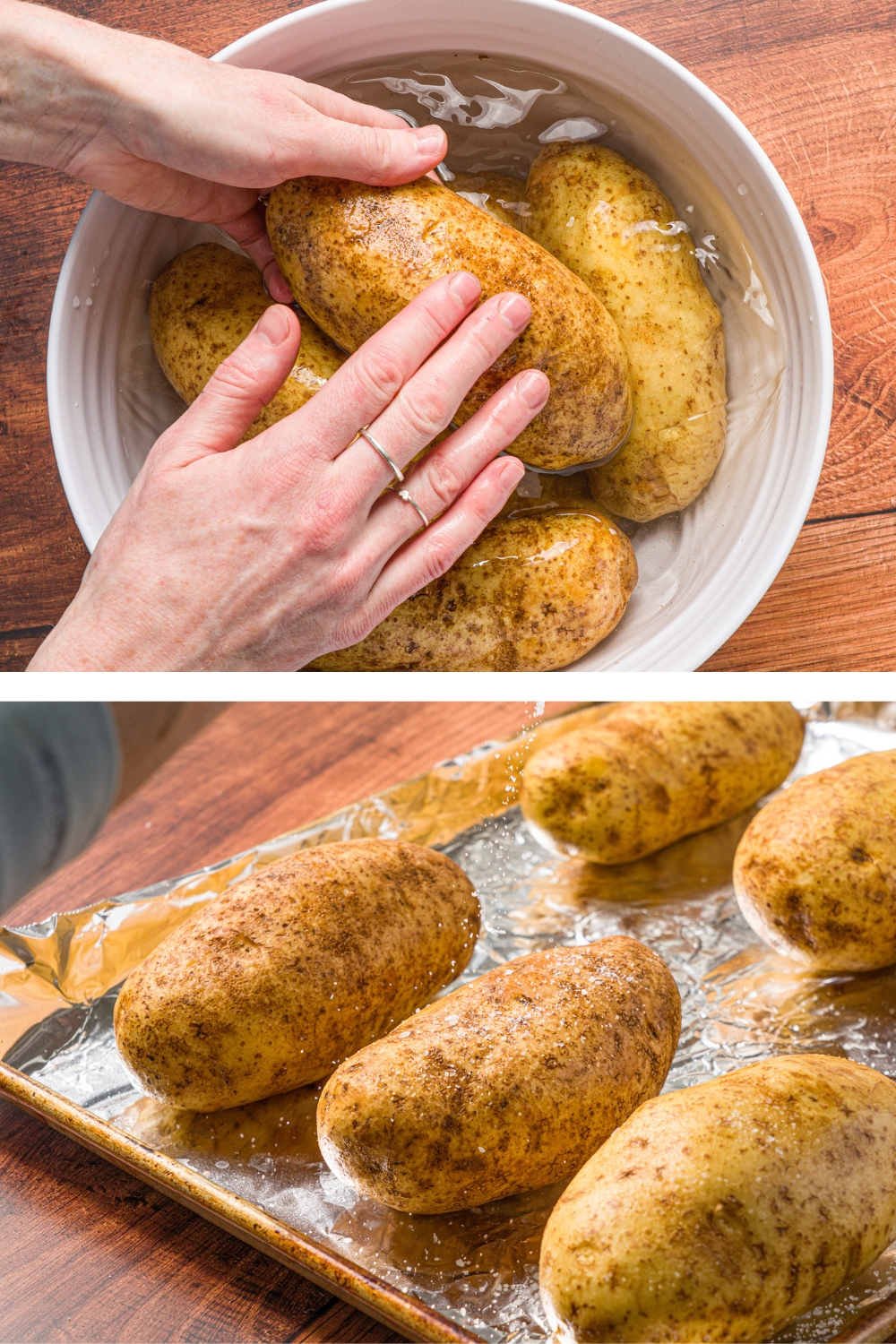 An image of a bowl of whole potatoes in water with a hand washing the potatoes. An additional image of the whole potatoes lined on a baking sheet lined with foil.