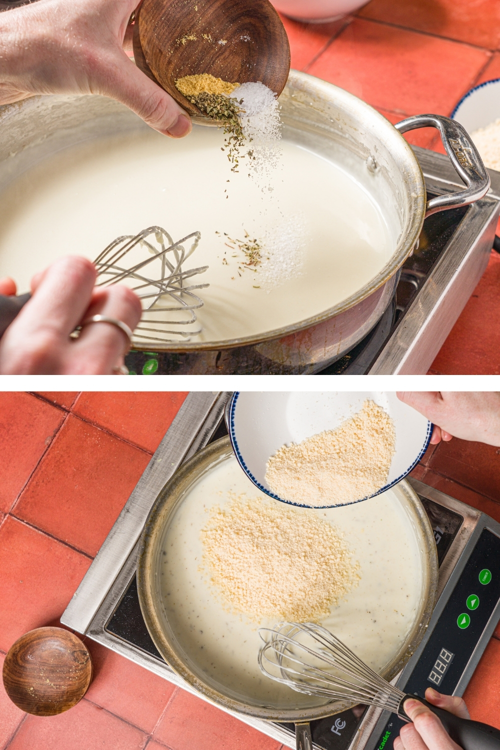 Two images of a skillet making alfredo sauce over a burner. The top image shows a hand pouring seasonings into an alfredo base. The bottom image shows a hand pouring a bowl of parmesan cheese into the mixture.