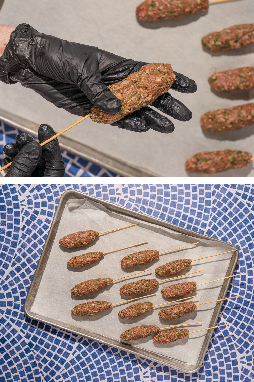 A photo of hands skewering an uncooked Kafta kabob in a skewer. There is an additional photo of a baking sheet lined with parchment paper with an array of uncooked Kafta kabobs.