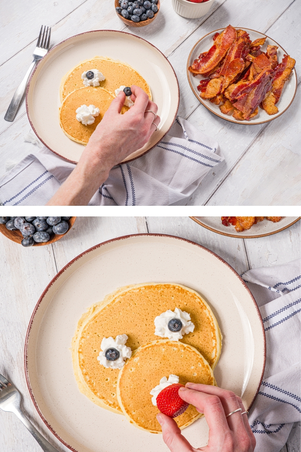 Two separate images of a hand assembling reindeer pancakes. The hand is adding blueberries to make reindeer eyes and a strawberry to make the nose.