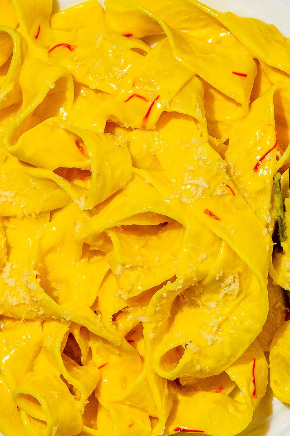 A close up of fettuccine pasta tossed in saffron cream sauce.