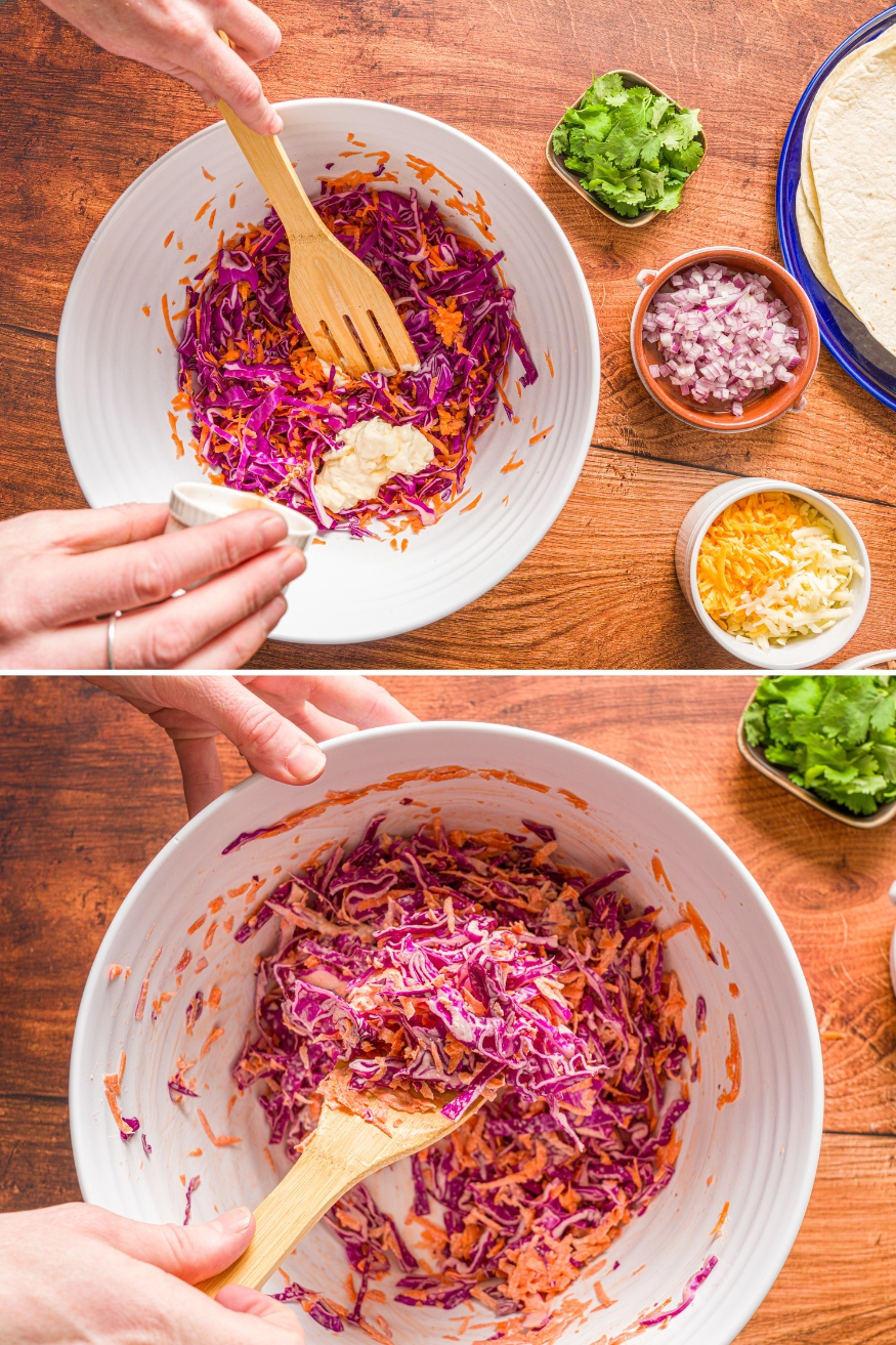 A photo of a white bowl with shredded purple cabbage and shredded carrot topped with mayo with a wooden spoon in the bowl. There is a second photo of the wooden spoon combining the mixture in the white bowl.