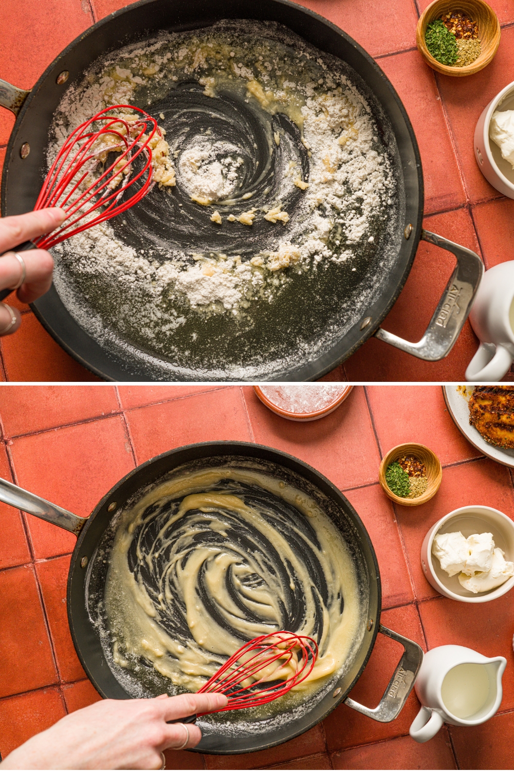 Two images of a hand mixing a roux in a skillet. The top photo shows a whisk stirring butter and flour mixture. The second photo shows milk added to the mixture to make a roux.