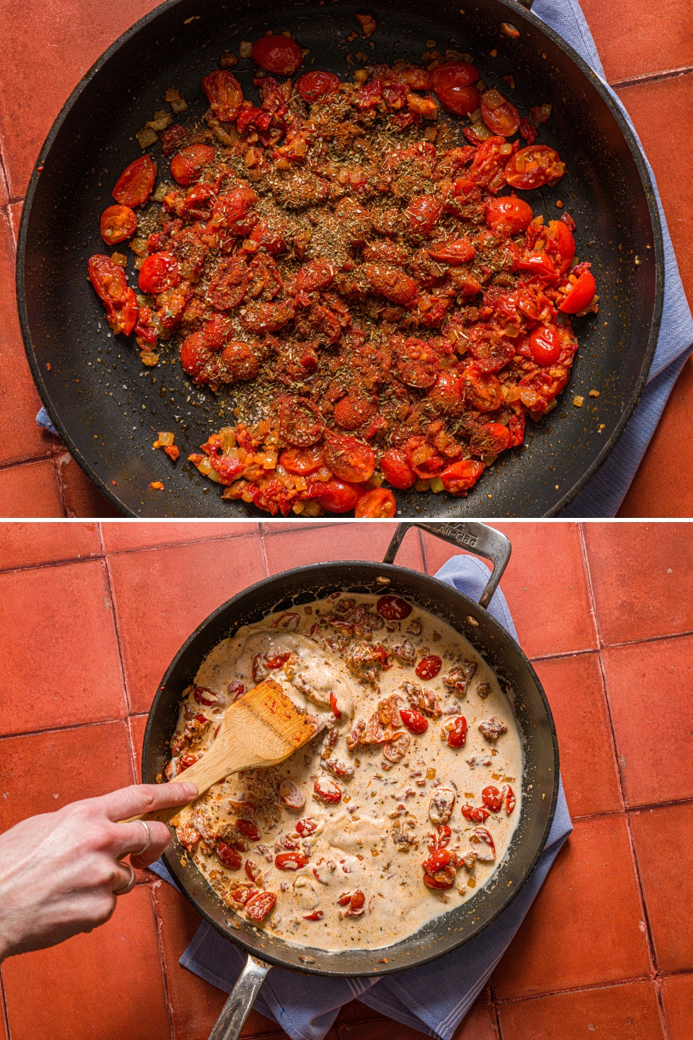 Two photos of a skillet on a tiled counter with a blue cloth napkin. One photo has cooked tomatoes topped with seasonings. The other photo has cooked seasoned tomatoes mixed with cream with a spoon stirring the mixture.