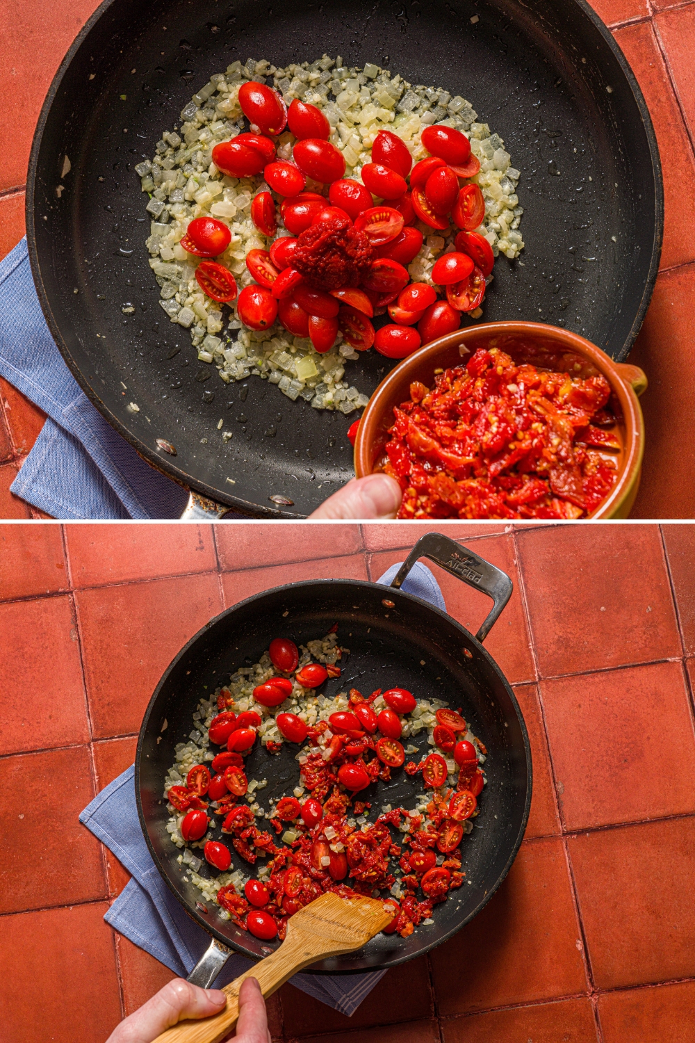 Two photos of a skillet on a tiled counter with a blue cloth napkin. The first photo has garlic and tomatoes cooking in the skillet with tomato paste being poured into the mixture. The other photo shows a wooden spoon stirring the mixture.