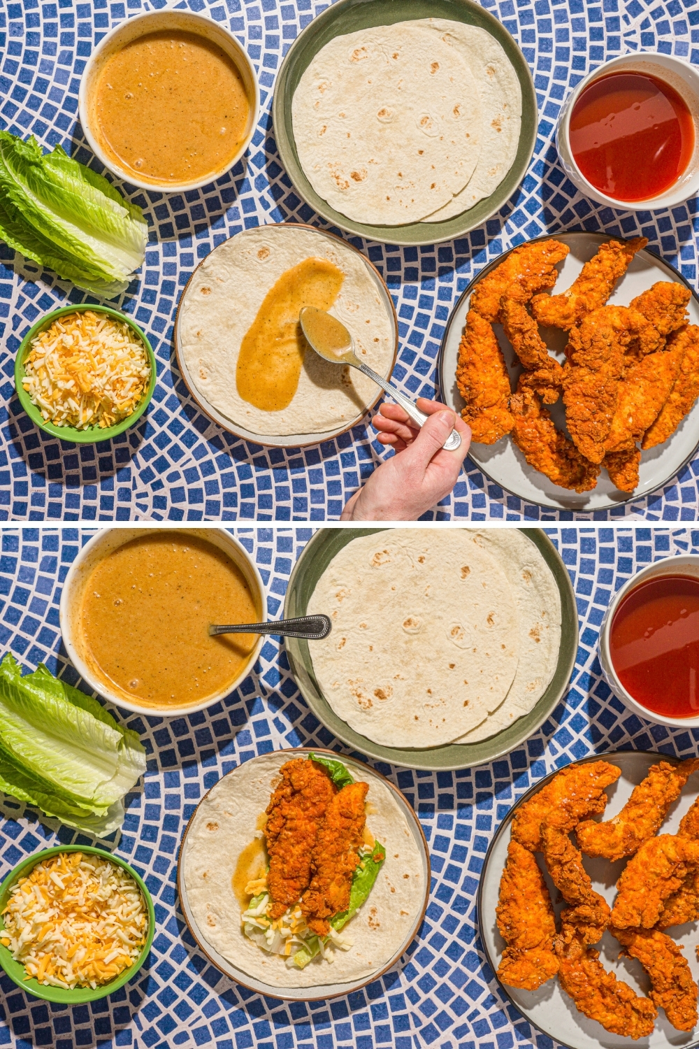 A photo of a spoon spreading honey mustard on an open wrap, and an additional photo of chicken and lettuce being layered on the wrap. The plate is on a blue tiled counter with plates of chicken tenders, wraps, shredded cheese, and bowls of honey mustard and hot honey sauce.