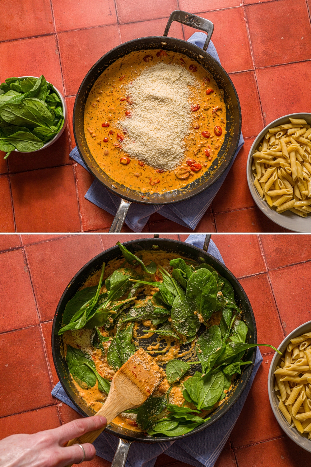 Two photos of a skillet on a tiled counter with small bowls of ingredients. The first photo has a tuscan chicken pasta base topped with grated parmesan cheese. The second photo has spinach being mixed into the sauce with a wooden spoon.