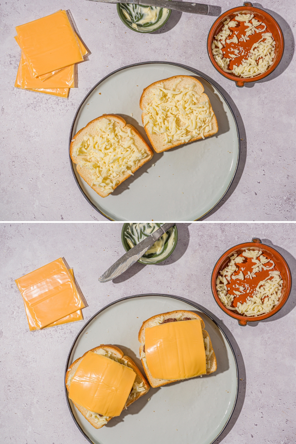 Two photos of a white plate with two slices of bread on a stone counter with slices of American cheese and small bowl of shredded mozzarella. The first photo shows the plate with white bread topped with shredded mozzarella. The second photo shows a grilled burger patty with a slice of American cheese layered on the bread.