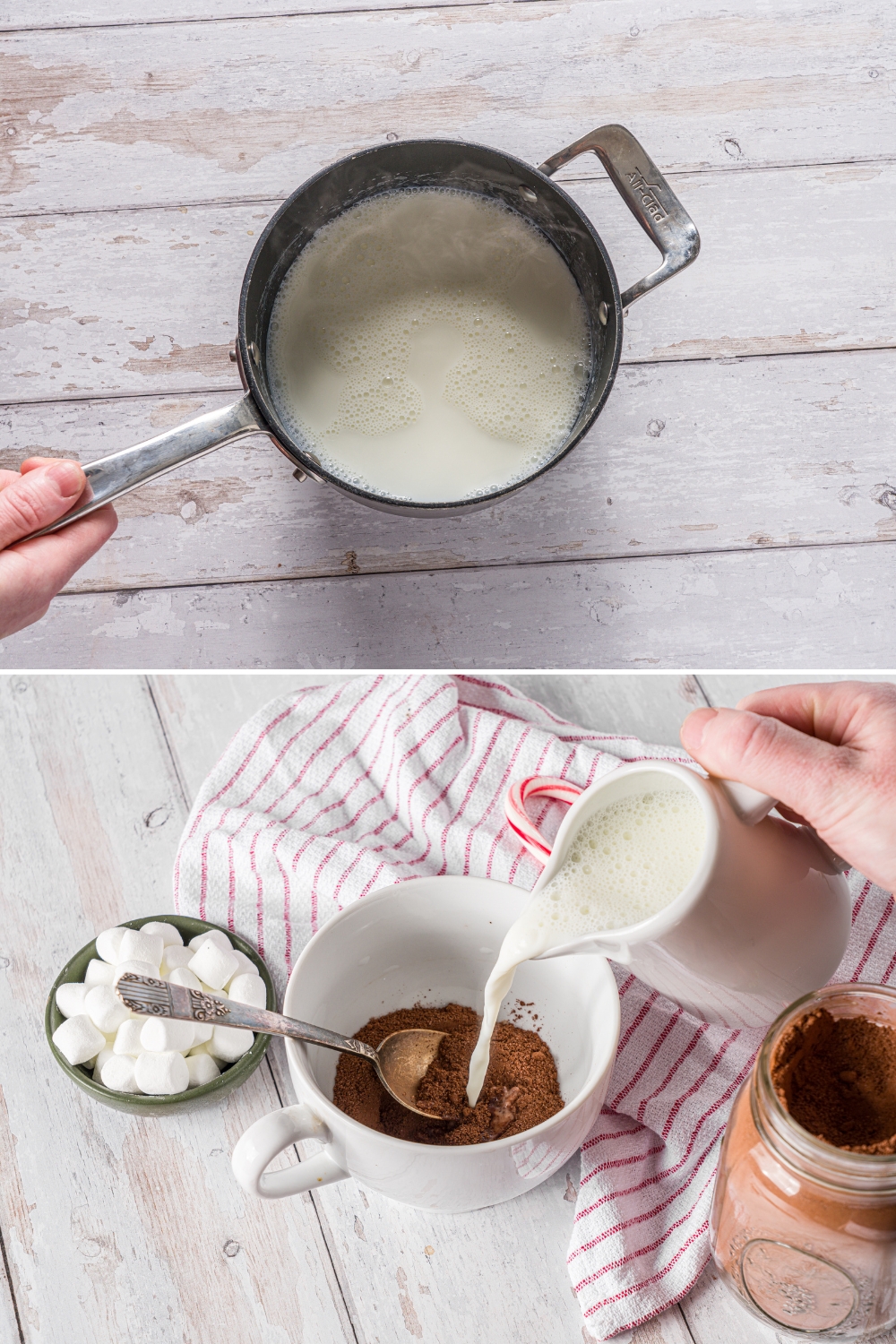 Two photos showing how to make hot cocoa. The first photo shows a saucepan on a wooden counter with steamed milk. The second photo shows the milk being poured from a ceramic pitcher into a mug with hot cocoa mix and a spoon.