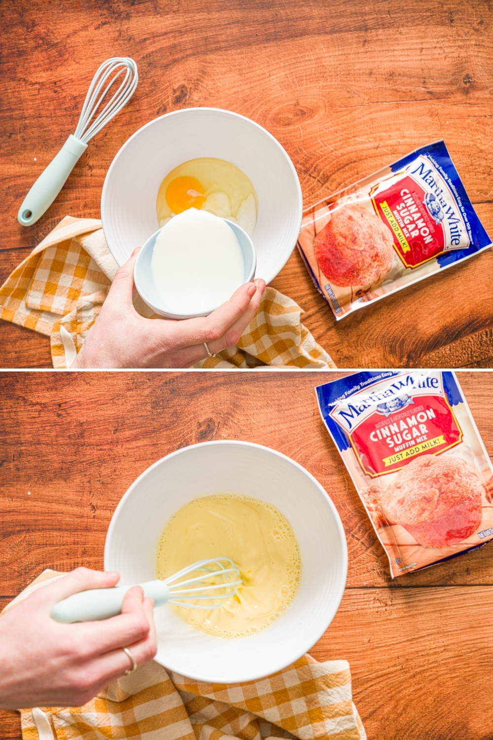 Two photos of a white bowl with wet ingredients to make muffin mix pancakes. The first photo has an egg in the bowl with milk being added to the bowl. The second photo shows a whisk mixing the wet ingredients. The bowl is on a wooden counter with a packet of muffin mix.