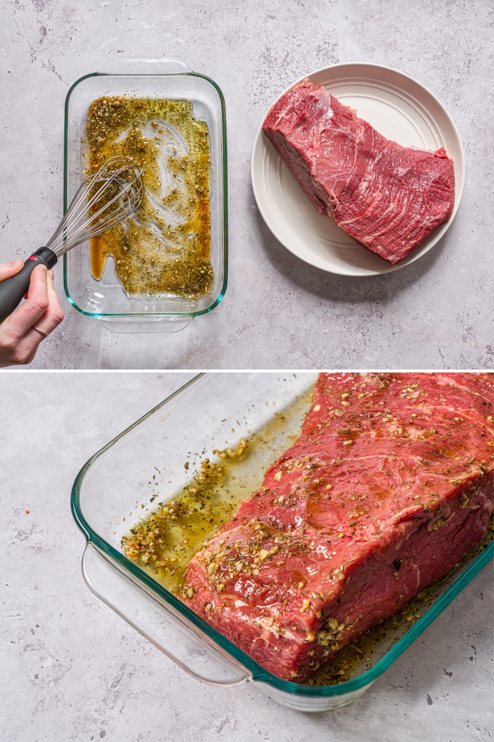 Two photos of a glass baking dish with a top round steak. The first photo has a whisk mixing ingredients to make a marinade in the dish. The second photo shows the steak sitting in the marinade in the dish.