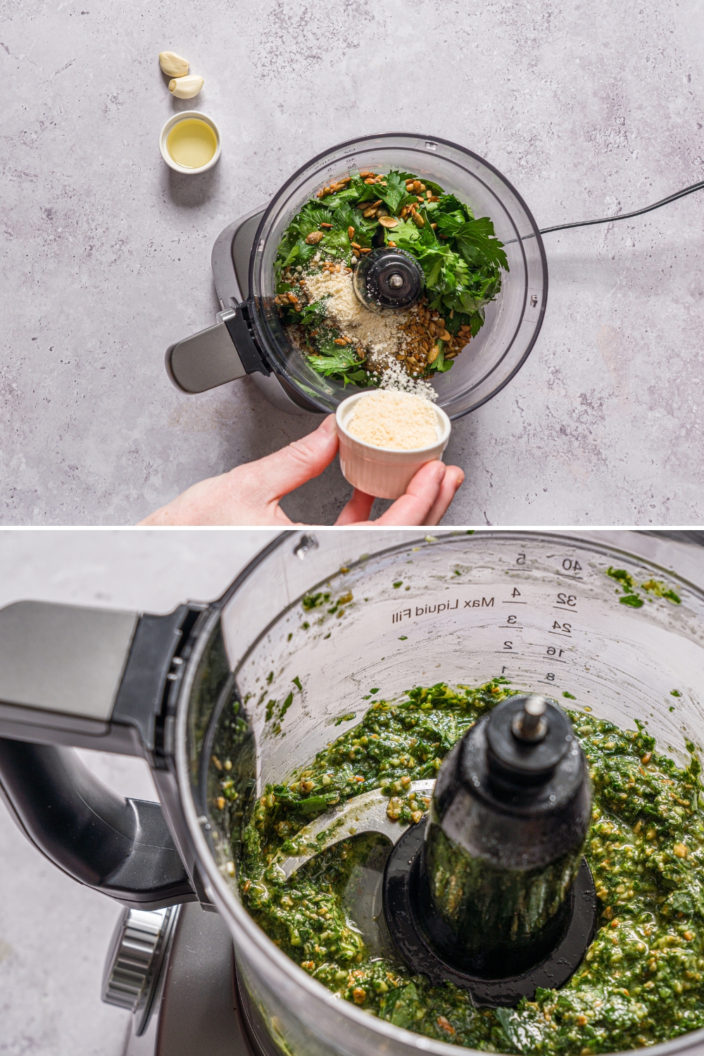 Two photos of a food processor with ingredients to make pesto including parsley, roasted seeds, garlic, and oil. A hand is dumping a small bowl of parmesan into the food processor. The second photo shows the finished pesto in the processor.