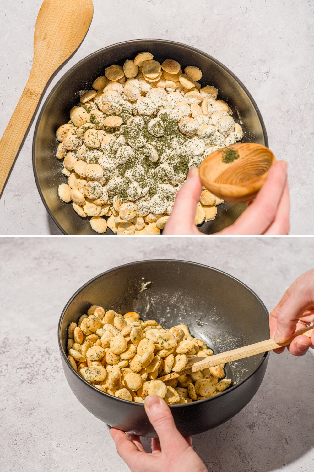 Two photos of a black bowl of oyster crackers combining with seasonings. The first photo shows a small bowl of ranch seasonings being dumped into the crackers. The second photo shows a wooden spoon mixing the crackers.