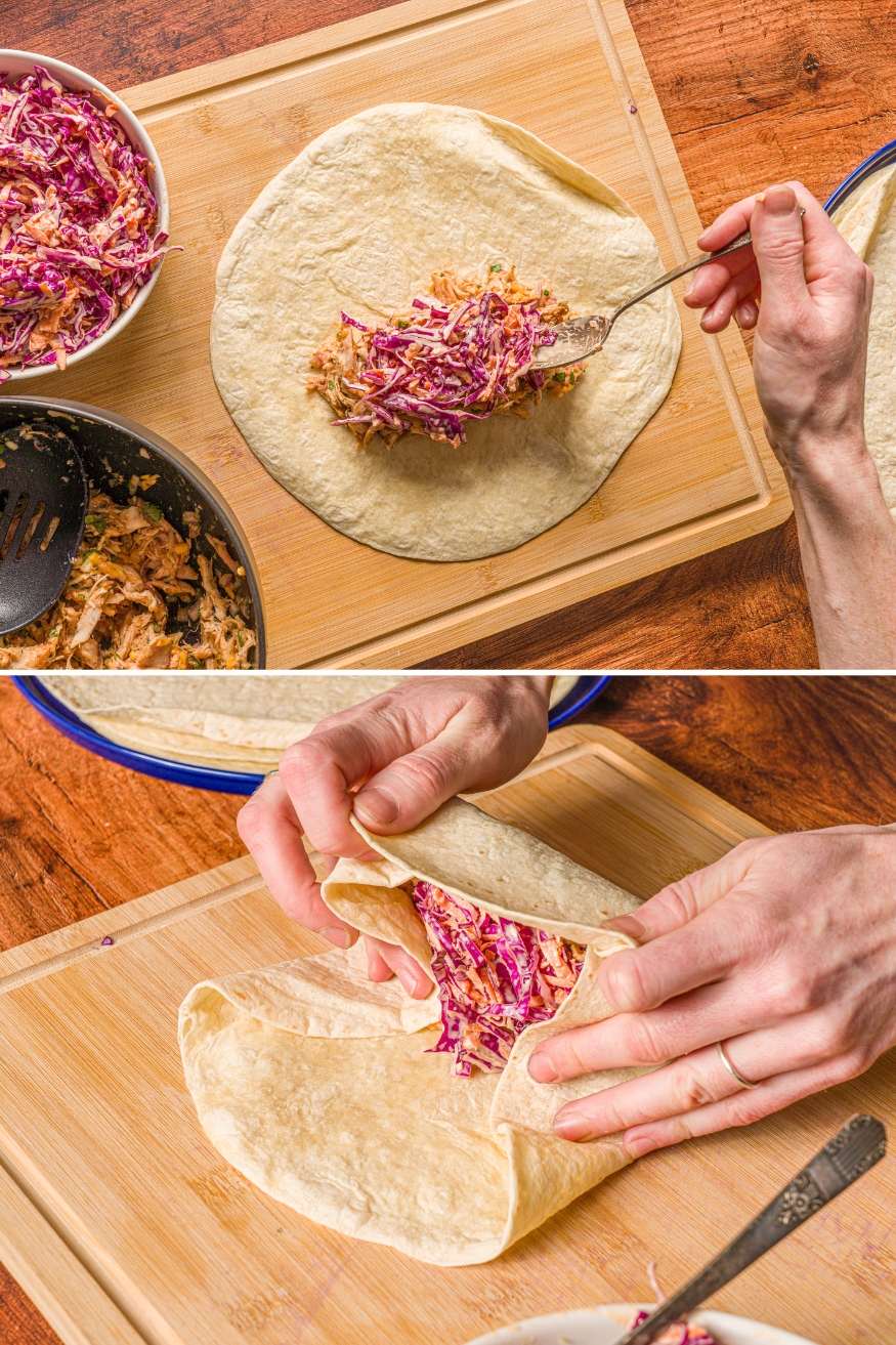 A photo of a wooden board with an open tortilla wrap. A hand is adding BBQ chicken mixture and cole slaw to the wrap with a spoon. There is another photo of the tortilla being folded into a wrap.