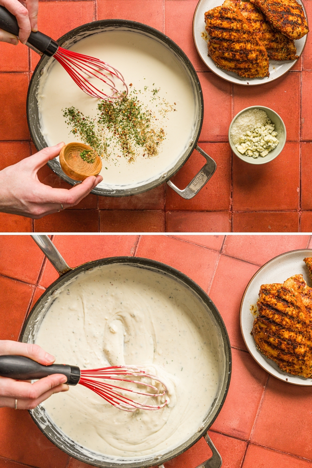 Two photos of alfredo sauce cooking in a skillet on a red counter with a plate of blackened chicken. One photo shows a whisk mixing in seasonings as it is being dumped into the sauce. The second photo shows a whisk mixing the seasoned alfredo sauce.