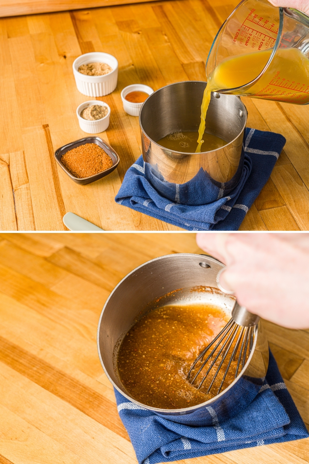 A sauce pan with ingredients for spiral ham glazed being poured into the pan including pineapple juice, mustard, brown sugar, and more. There is another photo of a whisk mixing the glaze in the pan. The pan is on a wooden counter with a blue cloth napkin.