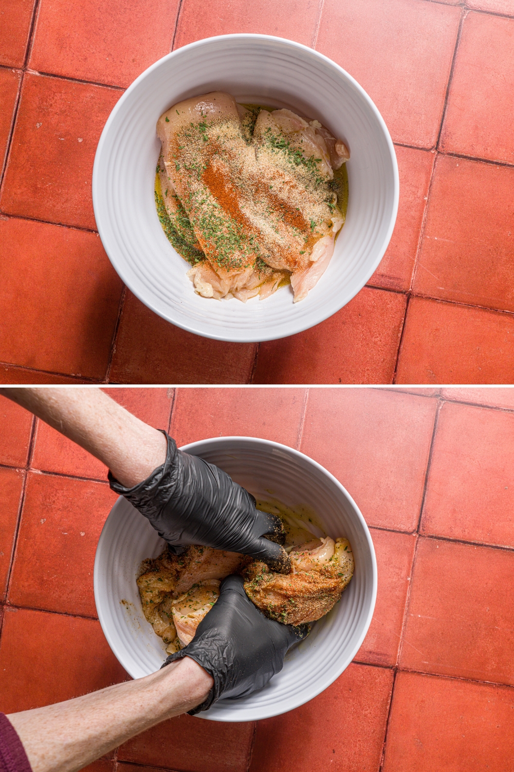 Two photos of a white bowl with uncooked thin sliced chicken breasts. The first photo shows seasonings on the chicken including parsley, paprika, onion powder, garlic powder, salt, and pepper. The second photo shows hands mixing the chicken with the seasonings.