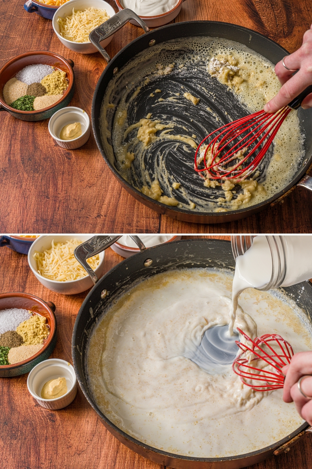 Two photos of a skillet making turkey divan sauce. The first photo shows a whisk mixing a butter and flour roux in the skillet. The second photo shows milk being added to the roux.