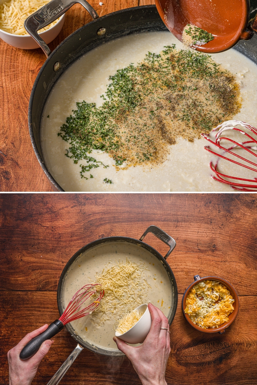 Two photos of a skillet preparing cheese sauce for turkey divan. The first photo shows seasonings being added to the cream base with a whisk stirring the sauce. The second photo shows shredded cheese being added to the mixture with a whisk stirring everything together.