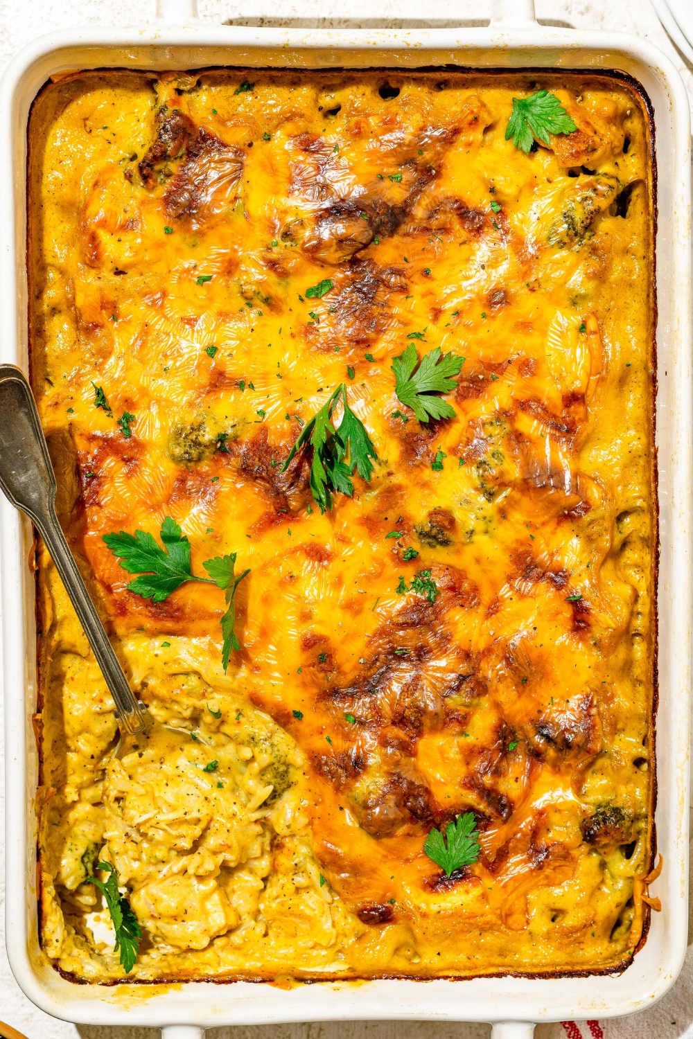 A baking dish with baked chicken broccoli rice casserole garnished with fresh parsley. There is a spoon taking a portion of the casserole.