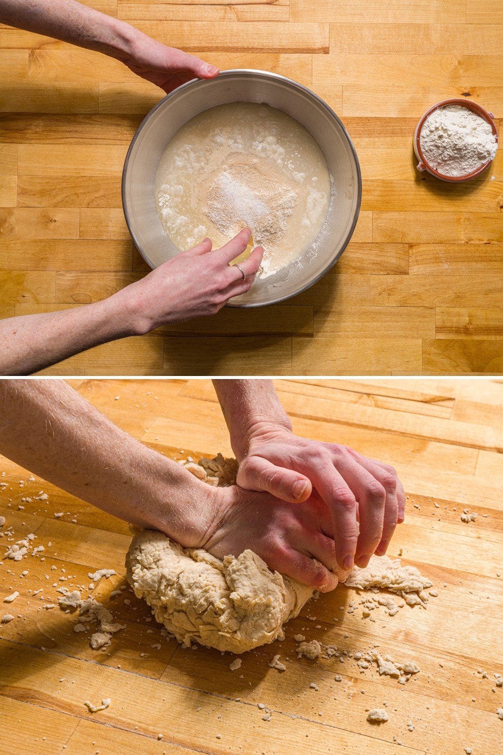A bowl with a hand mixing ingredients to make pretzel dough including flour, yeast, brown sugar, and salt. Another photo of hands kneading the dough mixture on a wood counter.